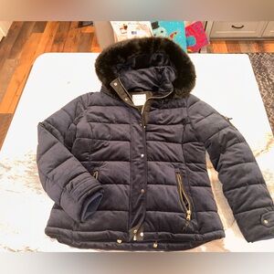 NWOT‎ Royal Matrix Navy Puffer Jacket with Black Fur Hood and Gold Button Detail